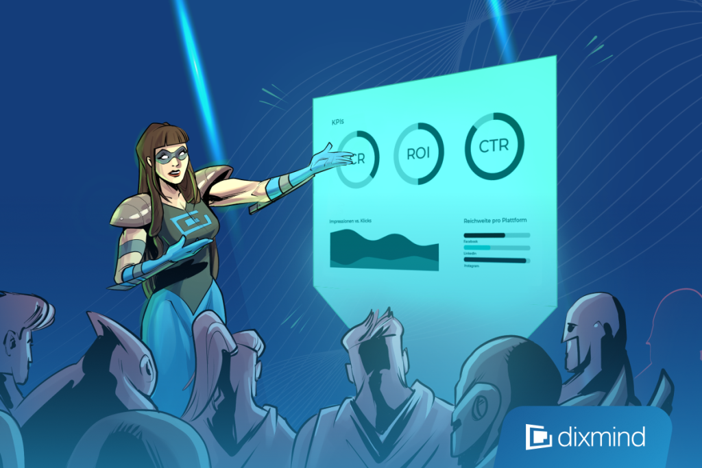 Superheldin zeigt Publikum Dashboard mit KPIs im Online-Marketing